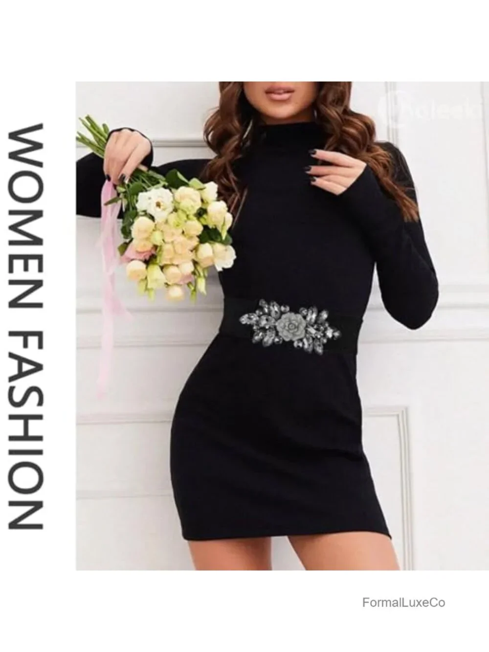 Stretchy Rhinestone Crystal Wide Waist Belt - Faux Leather
